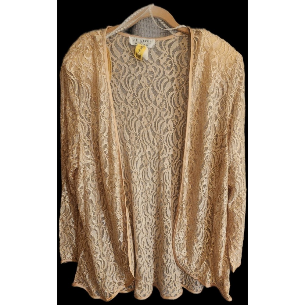 J.R. NITES WOMAN Size 20W Beige Floral Lace Cardigan Open Front Vintage 90s Made
